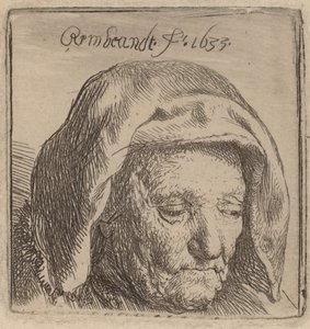 Konstnärens mor i en huvudbonad av tyg, tittar ner, 1633. av Rembrandt van Rijn