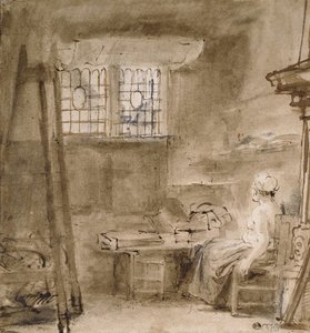 Konstnärens ateljé, 1659 (penna och två nyanser av brunt bläck, gråbrun tvätt, några korrigeringar i vitt) av Rembrandt van Rijn