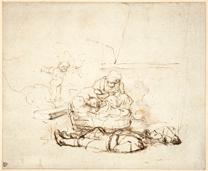 Den heliga familjen sovande med änglar, 1645 (penna och bläck med gouache på papper) av Rembrandt van Rijn