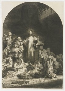 The Hundred Guilder Print: det centrala stycket med Kristus som predikar, plattan välvd av Rembrandt van Rijn