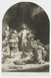 ”De hundra gulden-trycket”: det centrala motivet med Kristus som predikar, plåten är välvd av Rembrandt van Rijn