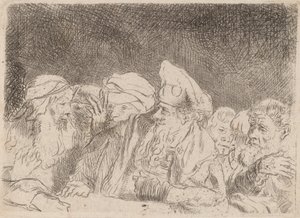Fariséerna debatterar fragment från de hundra gulden trycket, ca. 1649. av Rembrandt van Rijn