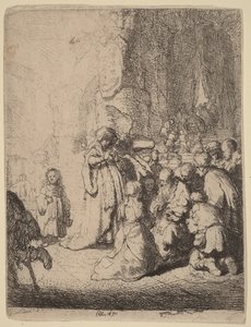 Uppvisningen i templet med ängeln: liten tavla av Rembrandt van Rijn