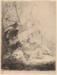 Den lilla lejonjakten (med två lejon) av Rembrandt van Rijn