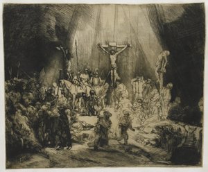 De tre korsen Kristus korsfäst mellan de två tjuvarna: "De tre korsen" av Rembrandt van Rijn