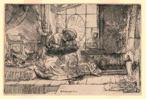 Jungfrun och barnet med katten och Josef vid fönstret av Rembrandt van Rijn