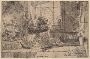Jungfru Maria med barnet, katten och ormen av Rembrandt van Rijn