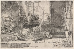 Jungfrun och barnet med katten och ormen, 1654. av Rembrandt van Rijn