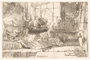 Jungfru Maria och barnet med katten: och Josef vid fönstret av Rembrandt van Rijn