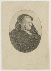 Konstnärens mor sitter vid ett bord och blickar åt höger: trekvartsprofil av Rembrandt van Rijn