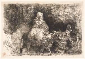 Flykten till Egypten: Den heliga familjen passerar en bäck av Rembrandt van Rijn