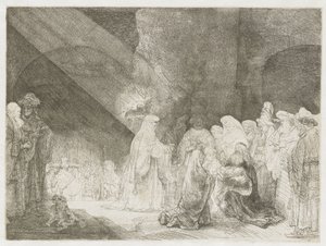 Uppvisningen i templet: avlångt tryck av Rembrandt van Rijn