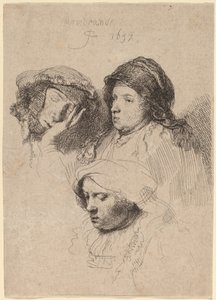 Tre huvuden av kvinnor, en sover av Rembrandt van Rijn