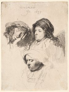 Tre huvuden av kvinnor, en sover av Rembrandt van Rijn