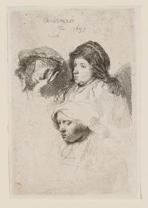 Tre kvinnliga huvuden, varav en sover av Rembrandt van Rijn