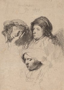 Tre kvinnors huvuden, en sovande, 1637. av Rembrandt van Rijn
