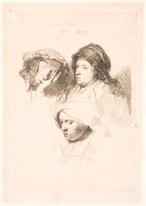 Tre huvuden av kvinnor, en sovande av Rembrandt van Rijn