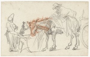 Två hästar vid en rastplats av Rembrandt van Rijn