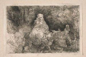 Flykten till Egypten – Den heliga familjen passerar en bäck av Rembrandt van Rijn