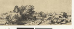 Utsikt över Diemerdijk med en mjölkman och stugor av Rembrandt van Rijn