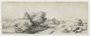 Utsikt över Diemerdijk med en mjölkbud och stugor av Rembrandt van Rijn
