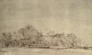 Vinterlandskap med stugor bland träd, ca 1650 (rörpenna och brunt bläck) av Rembrandt van Rijn
