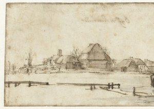 Vinterutsikt med vattenväg, stugor och två båtar av Rembrandt van Rijn