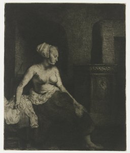Kvinna som sitter halvklädd bredvid en spis Kvinna som sitter halvklädd bredvid en spis av Rembrandt van Rijn
