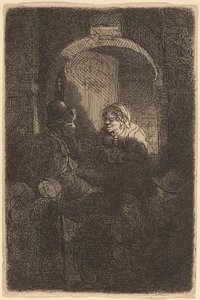 Kvinna vid en dörrlucka pratar med en man och barn (Skolmästaren) av Rembrandt van Rijn