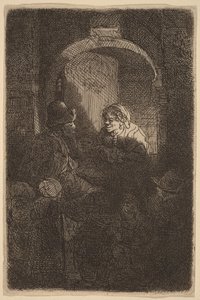 Kvinna vid en dörrlucka som pratar med en man och några barn (Skolmästaren) av Rembrandt van Rijn