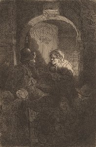 Kvinna vid en dörrlucka talar med en man och barn Skolmästaren, 1641. av Rembrandt van Rijn