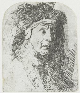 Kvinna i en pälsklippt mantel Byst av en gammal kvinna i en pälsad kappa och tung huvudbonad av Rembrandt van Rijn