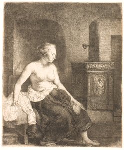 Kvinna som sitter halvklädd bredvid en spis av Rembrandt van Rijn