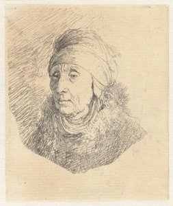 Kvinna med en hög huvudbonad som är lindad runt hakan: byst av Rembrandt van Rijn