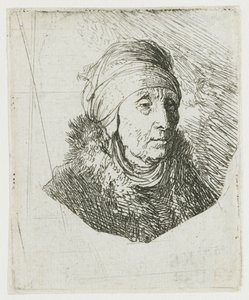 Kvinna med en hög huvudbonad som är lindad runt hakan: byst av Rembrandt van Rijn