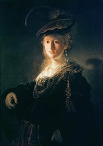 Ung kvinna i maskeradkläder av Rembrandt van Rijn