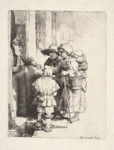 Tiggare som tar emot allmosor i dörren av Rembrandt van Rijn