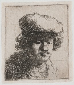 Självporträtt med baskeren dragen framåt av Rembrandt van Rijn