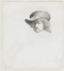 Självporträtt med slapp hatt och bearbetad mantel av Rembrandt van Rijn