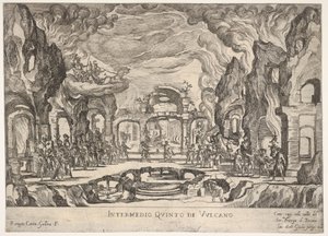 Femte mellanspelet: Vulcan Intermedio quinto di Volcano, från serien Seven Interludes..., 1608. av Remigio Cantagallina