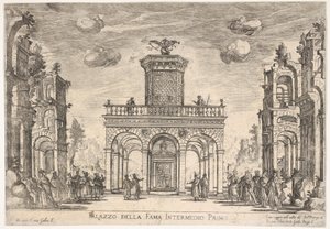 Första mellanspel: palace of fame Mellan sjätte: palace of fame, från seriens S ..., 1608. av Remigio Cantagallina