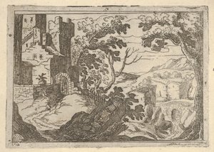 Landskap med byggnader till vänster och en bro till höger nedanför, ca. 1620-50. av Remigio Cantagallina