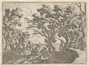Landskap med landfiskare och manlig åskådare under träd, en man i en båtbåge..., ca. 1620-50.