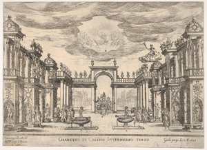 Sjätte mellanspelet: Calypsos trädgård. Mellanliggande sjätte: Calypsos trädgård, från serien ..., 1608. av Remigio Cantagallina