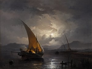 Ett nattlandskap med en segelbåt där en eld tänds, efter 1860 (olja på duk) av Remigius van Haanen