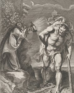 Den helige Christopher bär Kristusbarnet över en bäck, en annan man som håller en ..., ca. 1636-80.
