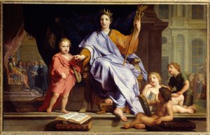Veltalighetens Allegory av vältaligheten krönte, i bakgrunden, kung Ludvig XIV inför sina hovmän. Målning av Rene Antoine Houasse (1645-1710) 1600-talets sön. 0,96x1,54 m Brest, musee des Beaux Arts