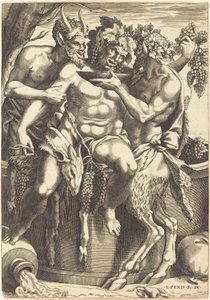 Två satyrer som ger dryck till Bacchus av René Boyvin after Luca Penni