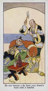 Ta inte bort en fluga från din väns huvud med en yxa (färg litho) av René Bull