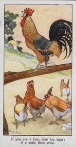 Östra Ordspråket: Om du är en höna, lägg då ägg; om en kuk, då kråka (färg litho) av René Bull